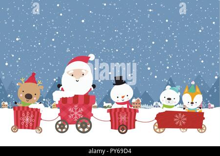 Happy Cute Santa Schneemann Weihnachten Cartoon in die Karre über Schnee, Stock und Stadt mit Schnee flach Farbe und einfach design Vector Illustration Stock Vektor