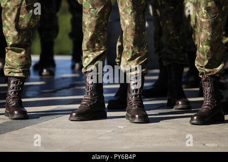 Details mit den Uniformen, Handschuhe, Stiefel und Pistolen der Soldaten bleiben in Zeile Stockfoto