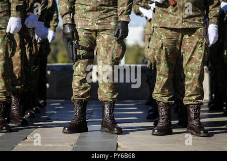 Details mit den Uniformen, Handschuhe, Stiefel und Pistolen der Soldaten bleiben in Zeile Stockfoto