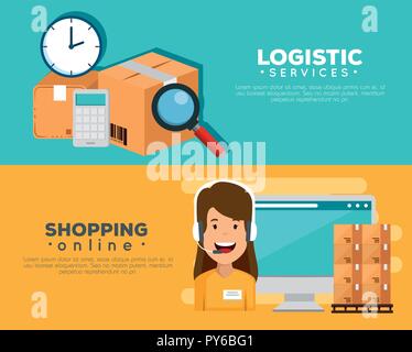 Logistische Dienstleistungen mit Unterstützung Agent und Computer Vector Illustration Stock Vektor