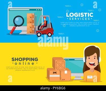 Logistische Dienstleistungen mit Unterstützung Agent und Computer Vector Illustration Stock Vektor