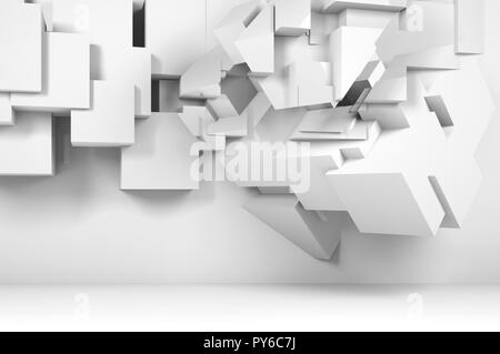Abstrakte weißen Hintergrund mit geschnittenen Würfel Installation. 3D-Render Abbildung Stockfoto