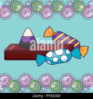 Schokolade und Süßigkeiten über blauen Hintergrund und Bonbons, farbenfrohen Design. Vector Illustration Stock Vektor