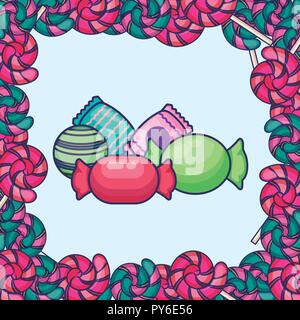 Bonbons Bonbons über blauen Hintergrund und Rahmen, farbenfrohen Design. Vector Illustration Stock Vektor