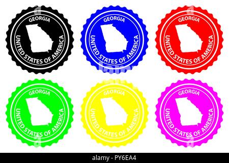 Georgien - Stempel - Vektor, Georgia (Vereinigte Staaten von Amerika) Karte Muster - Aufkleber - Schwarz, Blau, Grün, Gelb, Lila und Rot Stock Vektor