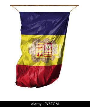 Flagge Andorra. Vertical flag. auf einem weißen Hintergrund. Stockfoto