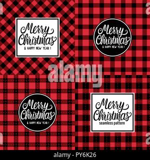Set Design Karte Frohe Weihnachten weiße Hand gezeichnet Schriftzug text Inschrift. Vector Illustration Kariert schwarz und rot hinterlegt. Urlaub Frohes Neues Jahr Stock Vektor