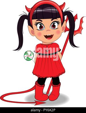 Vektor Cartoon Illustration von kleinen kawaii Naughty baby girl in Red Devil imp Kostüm holding Lollipop und Trident auf weißem Hintergrund. Hal Stock Vektor