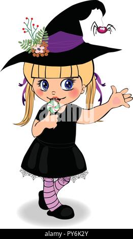 Happy Halloween cartoon Charakter der kleinen niedlichen Baby Mädchen in Hexe Kostüm und Hut steigende Hand gerahmt mit Cobweb isoliert auf weißem backgrou Stock Vektor