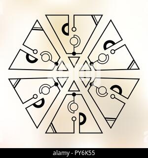Sechs symmetrisch angeordneten Dreiecke, mit Linien und Kreisen getrennt. Geometrische Elemente, auf die Farbe Hintergrund isoliert. Line Design. Abstrakte Heilige Stock Vektor