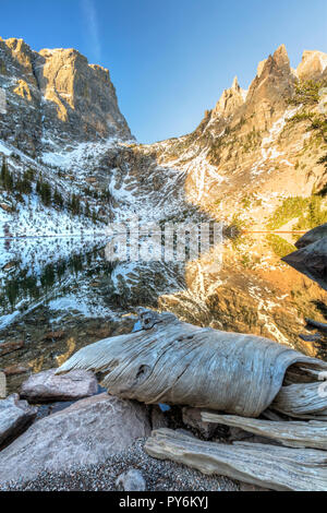 Interessante Treibholz an der Küste, mit Bergen in Emerald Lake im Rocky Mountain National Park gespiegelt. Stockfoto