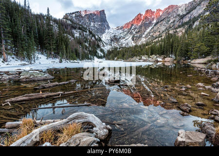 Hallette Peak und Flattop Mountain glow Pink bei Sonnenaufgang, in Treibholz gefüllten See im Rocky Mountain National Park Traum wider. Stockfoto