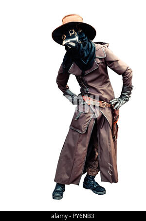 Pest Arzt aus braunem Leder costumein Hut isoliert Hintergrund. Stockfoto