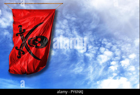 Flagge Piraten rot. Vertical flag, gegen den blauen Himmel mit Platz für Ihren Text Stockfoto