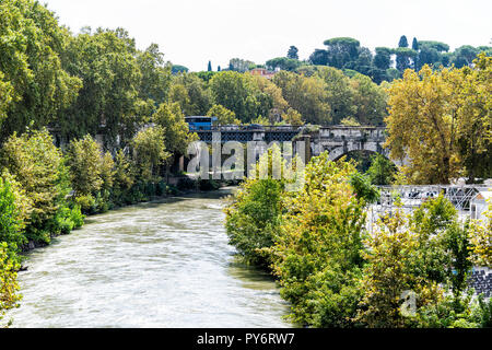 Rom, Italien, Roma römischen Tiberufer, bunt grün sommer Bäume im Park im Sommer, Straße, Brücke, Wasser und Gerüstkonstruktion Stockfoto