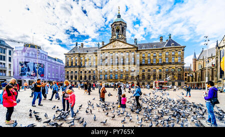 Touristen Versammlung an der Dam Platz mit seinen vielen Tauben im historischen Zentrum von Amsterdam mit der Royal Palace auf dem im Hintergrund Stockfoto