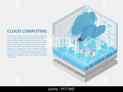 Cloud Computing isometrische Vector Illustration. Abstrakten 3D Infografik mit mobilen Geräten Stock Vektor