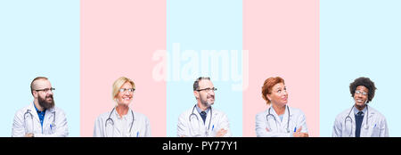 Collage der Gruppe Fachleute Ärzte mit medizinischen gleichmäßig über isolierte Hintergrund lächelnd Seite suchen und sie starrte Denken. Stockfoto