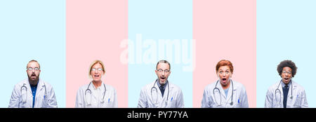 Collage der Gruppe Fachleute Ärzte mit medizinischen gleichmäßig über isolierte Hintergrund Angst und mit Erstaunen Ausdruck, Angst schockiert und aufgeregt Stockfoto