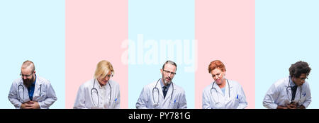 Collage der Gruppe Fachleute Ärzte mit medizinischen gleichmäßig über isolierte Hintergrund mit Hand auf Magen, Übelkeit, schmerzhaften Krankheit Gefühl u Stockfoto