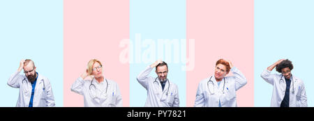 Collage der Gruppe Fachleute Ärzte mit medizinischen gleichmäßig über isolierte Hintergrund verwechseln und frage mich. Unsicher mit Zweifel, denken Stockfoto