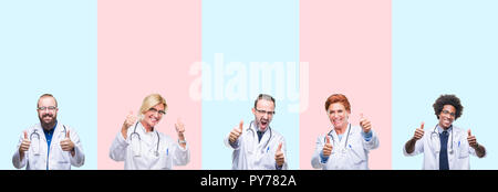 Collage der Gruppe Fachleute Ärzte mit medizinischen gleichmäßig über isolierte Hintergrund zur Genehmigung tun positive Geste mit der Hand, Daumen hoch Lächeln Stockfoto