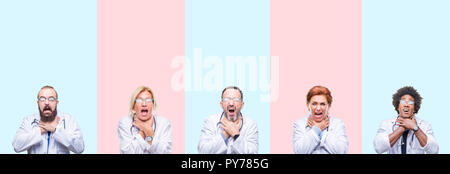 Collage der Gruppe Fachleute Ärzte mit medizinischen gleichmäßig über isolierte Hintergrund schreien und Ersticken, weil schmerzhaft ersticken. Gesundheit üblichen Fehlermeldungsprozeduren Stockfoto