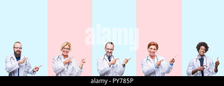 Collage der Gruppe Fachleute Ärzte mit medizinischen gleichmäßig über isolierte Hintergrund lächelt und schaut in die Kamera zeigte mit zwei Händen und Stockfoto