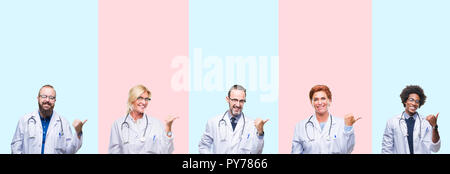 Collage der Gruppe Fachleute Ärzte mit medizinischen gleichmäßig über isolierte Hintergrund mit glücklichen Gesicht lächelnd und mit Verweis auf die Seite Stockfoto