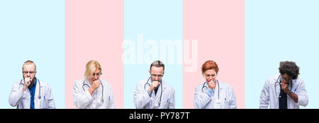 Collage der Gruppe Fachleute Ärzte mit medizinischen gleichmäßig über isolierte Hintergrund Unwohlsein und als Symptom für kalte oder Bronchitis Husten. Stockfoto