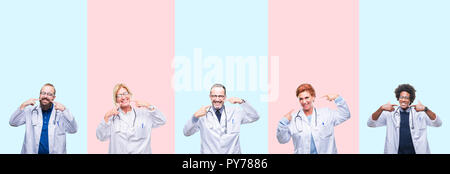 Collage der Gruppe Fachleute Ärzte mit medizinischen gleichmäßig über isolierte Hintergrund lächelt zuversichtlich zeigen und zeigen mit den Fingern Zähne und Stockfoto