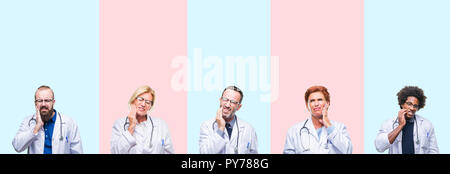 Collage der Gruppe Fachleute Ärzte mit medizinischen gleichmäßig über isolierte Hintergrund berühren den Mund mit der Hand mit schmerzhaften Ausdruck Wegen zu Stockfoto