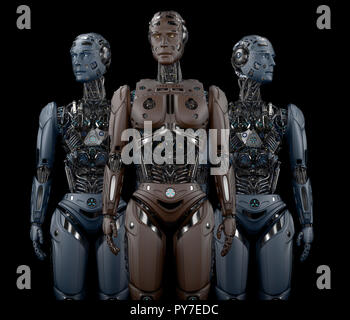 Gruppe von Robotern oder sehr detaillierte futuristische Cyborgs. Drei humanoide stehen und um. Vorderansicht auf schwarzen Hintergrund, 3D-Darstellung Stockfoto