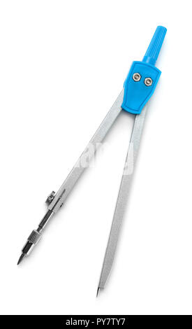 Blick von oben auf die Zeichnung Kompass isoliert auf weißem Stockfoto