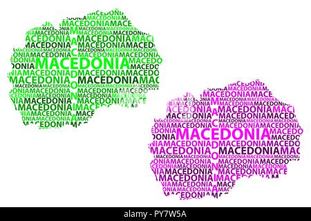 Skizze Mazedonien Brief text Karte, Republik Mazedonien - in der Form des Kontinents, Karte Lettland - grün und lila Vector Illustration Stock Vektor