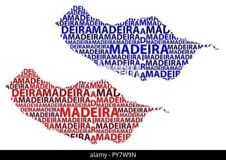 Skizze Madeira schreiben Text Karte, Insel Madeira - in der Form des Kontinents, Karte Autonome Region Madeira - Rot und Blau Vector Illustration Stock Vektor