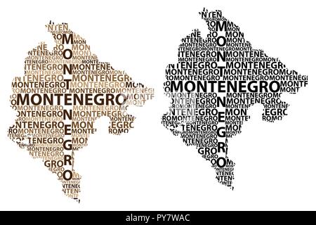 Skizze Montenegro schreiben Text Karte, Montenegro - in der Form des Kontinents, Karte Montenegro - braun und schwarz Vector Illustration Stock Vektor