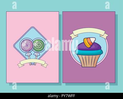 Satz von süßen Lutscher und Cupcake mit Band Vector Illustration Design Stock Vektor
