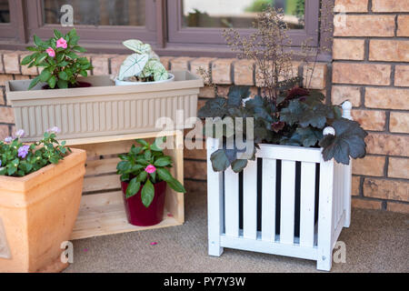 Blumenkästen und Töpfe in einer Veranda Arrangement im Sommer. Kansas, USA. Stockfoto