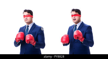 Rechtsanwalt mit Augenbinde Boxhandschuh isoliert auf weißem Stockfoto