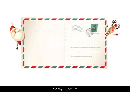 Brief für Santa Claus mit Weihnachtsmann und Rentier auf beiden Seiten der Postkarte Stock Vektor