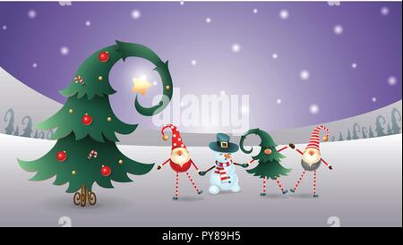 Freunde feiern Wintersonnenwende, Weihnachten und Neujahr. Skandinavische Gnomen und Schneemann mit geschmückten Weihnachtsbaum. Lila Winterlandschaft Stock Vektor
