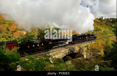 LMS-Klasse 5 MT Nr. 5428 'Eric Treacy" und Lner Klasse B1 Nr. 1251 'Oliver begraben" (siehe Hinweis) das Wasserlassen Lade mit dem 1124 Grosmont-Pickering Service. Stockfoto