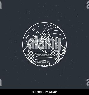 Nacht Berge mit Sternenregen. Natur exploration vector Vintage Poster. Moderne Wohnung linear Vector Illustration. Retro wildlife Postkarte mit Sterne ein Stock Vektor