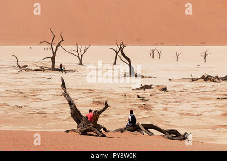 Deadvlei Namibia - Touristen, Sanddünen und tote Bäume in der Namib Wüste im Deadvlei, Sossusvlei, Namib, Namibia Afrika Stockfoto