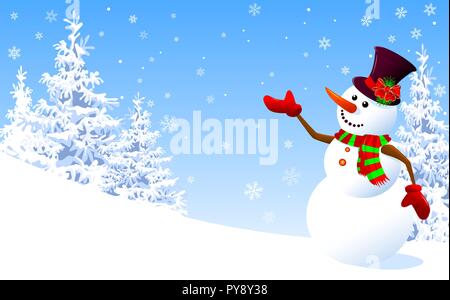 Ein Schneemann in einen Hut begrüßt auf einem Winter Hintergrund. Schneemann auf einem Hintergrund von Tannen und Schneeflocken. Stock Vektor