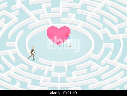 Mann Erfolg auf der Suche nach Freundin in kreisförmigen Labyrinth Labyrinth des Herzens. Vector Illustration für Liebe, Beziehung, zum Valentinstag Konzept. Stock Vektor