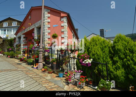 Malerische Haus von Blumentöpfen dekoriert und wenig Pflanzen um es In Taramundi, Asturien, Spanien umgeben. Kunst, Geschichte, Reisen. 2. August 2018 Stockfoto