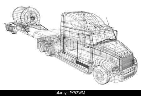 Niedrige Bett LKW-Anhänger. Abstrakte Zeichnung. Cargo Fahrzeug. Tracing Abbildung: 3d Stock Vektor