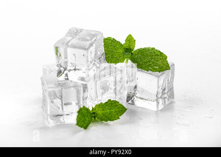 Minze und Eiswürfel auf weißem Hintergrund Stockfoto